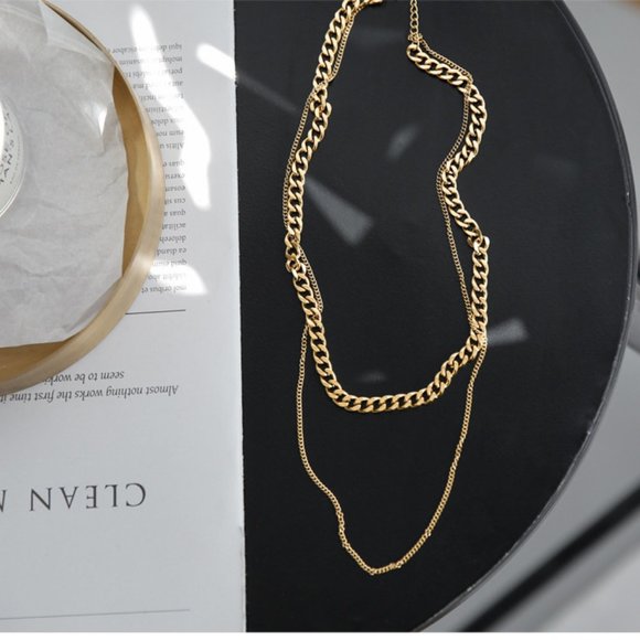 18K Gold Plated Double Layer Link Chain Necklace - Picture 8 of 8